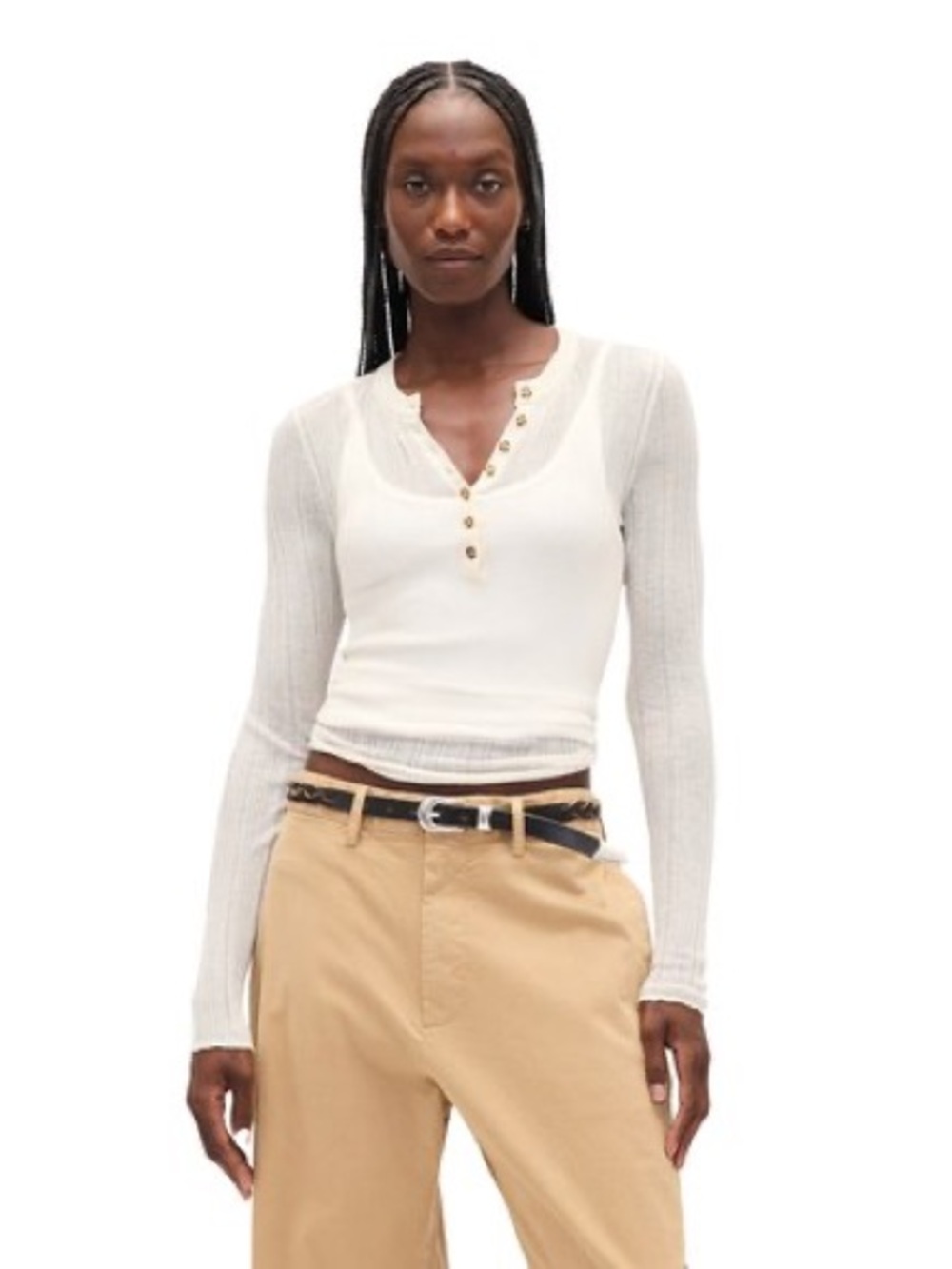 Gap Sheer Rib Henley Sweater Chino Beige Size XS